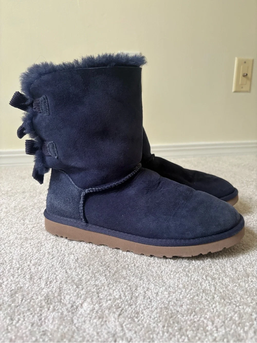 UGG Navy Suede Shearling Slippers with Back Bows